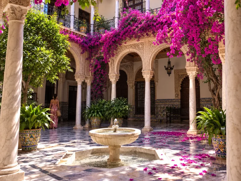 Patio principal con columnas de mármol y buganvillas